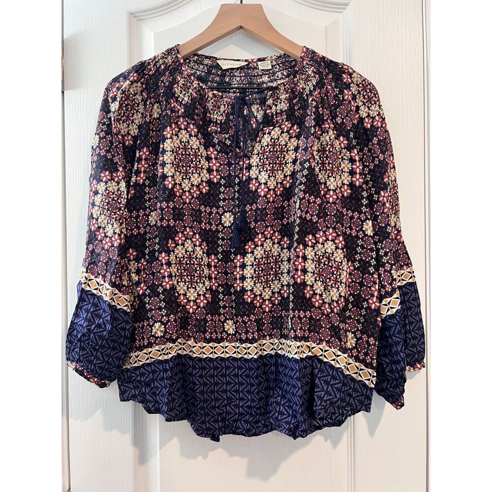 Anthropologie 11.1. Tylho Kay Peasant Top Smocked Tie Neck Women's Small P